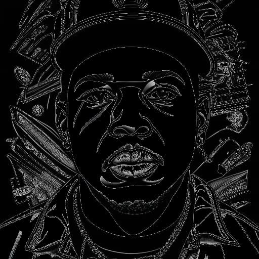 Line art drawing of Bushwick Bill, symbolizing resilience and determination. He stands tall, embodying the triumph over personal struggles. Musical notes and a film strip weave around him, representing his contributions as a rapper and actor. The black and white illustration captures his multi-faceted artistic journey, all against a white backdrop.