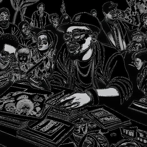 Dessin en ligne d'un homme représentant Bushwick Bill. On le voit se produire sur scène, signer des autographes et participer à des réunions d'affaires, illustrant ses diverses sources de revenus et ses initiatives entrepreneuriales.