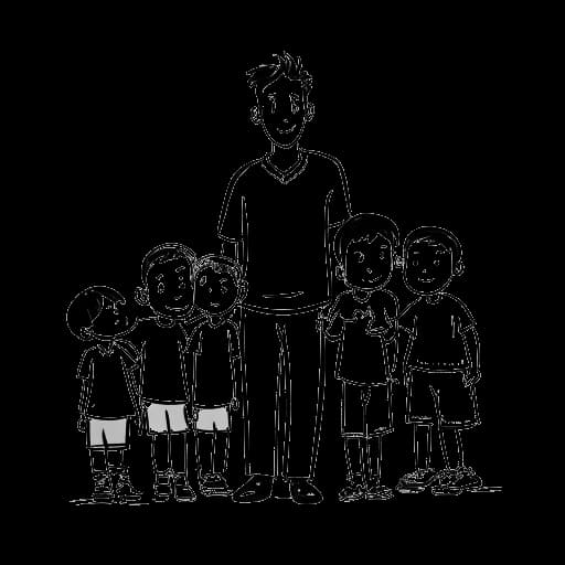 Dessin en ligne d'un homme de petite taille, représentant Bushwick Bill, entouré d'enfants.