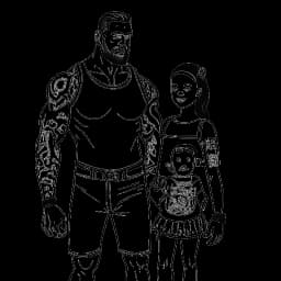 Desenho em arte de linha de um homem com uma mulher e uma criança, simbolizando Cody Rhodes com sua família, em frente a uma escola de luta livre, exibindo uma homenagem tatuada visível, tudo em um fundo branco.