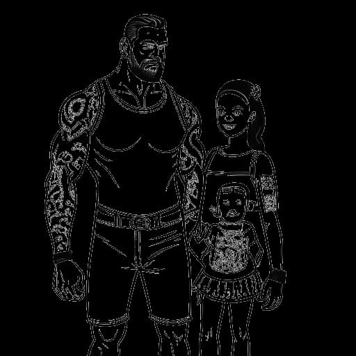 Desenho em arte de linha de um homem com uma mulher e uma criança, simbolizando Cody Rhodes com sua família, em frente a uma escola de luta livre, exibindo uma homenagem tatuada visível, tudo em um fundo branco.