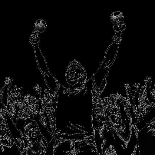 Desenho em arte de linha de um homem representando Cody Rhodes, segurando triunfantemente cinturões de campeão em meio a uma multidão jubilante, tudo em um fundo branco.