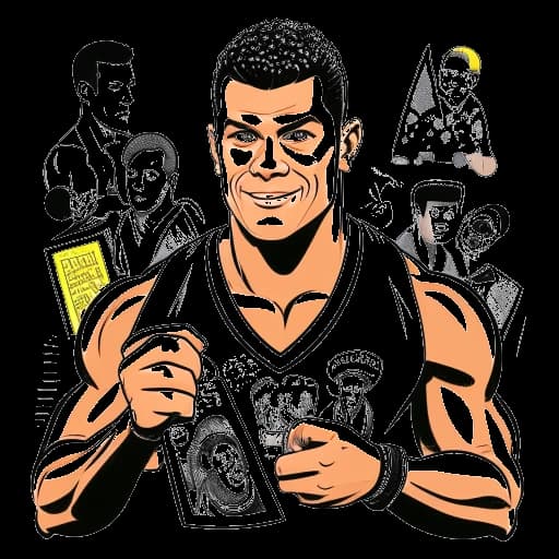 Une illustration détaillée d'un homme incarnant Cody Rhodes participant à des combats de lutte, signant des autographes et supervisant la salle de sport The Nightmare Factory, mettant en avant ses différentes sources de revenus et initiatives commerciales.