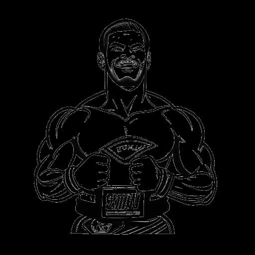 Dessin en ligne d'un homme, représentant Cody Rhodes, tenant une ceinture de championnat de lutte avec une pancarte indiquant 'AEW TNT Champion' en arrière-plan