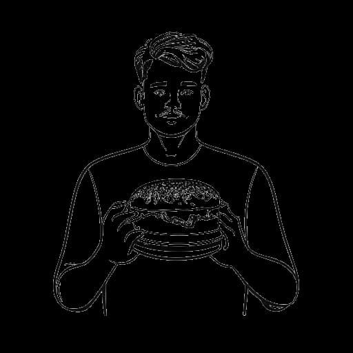 Lijntekening van een man, die Cody Rhodes vertegenwoordigt, die een hamburger vasthoudt zonder ketchup of mosterd