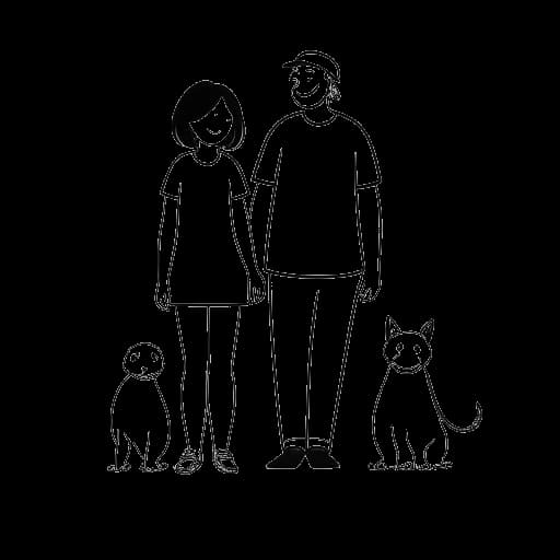 Dessin en ligne d'un homme et d'une femme, représentant Cody et Brandi Rhodes, se tenant la main avec un enfant et un chien à leurs côtés