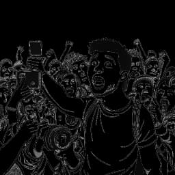 Strichzeichnung von ApoRed, der eine Kamera hält, mit übertriebenen Gesichtsausdrücken und einer Menge von Fans um ihn herum.