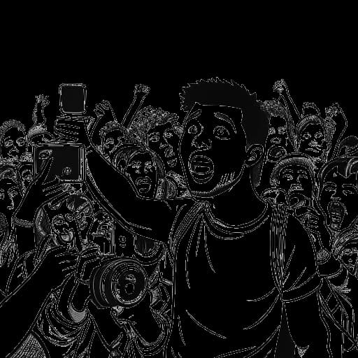 Strichzeichnung von ApoRed, der eine Kamera hält, mit übertriebenen Gesichtsausdrücken und einer Menge von Fans um ihn herum.