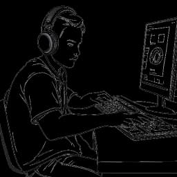 Strichzeichnung von ApoRed, der an einem Schreibtisch sitzt, Videospiel mit intensiver Konzentration spielt und einen Kopfhörer trägt.