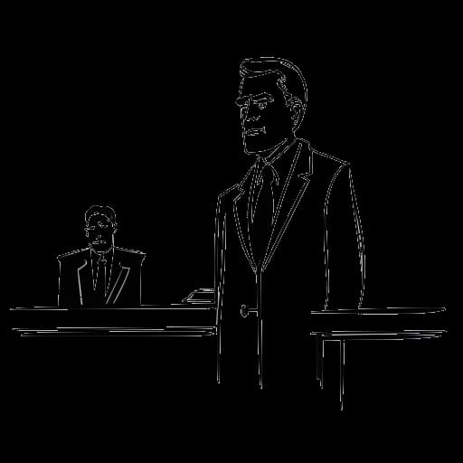 Strichzeichnung von ApoRed, der einen Gerichtsanzug trägt, vor einem Richter mit ernstem Gesichtsausdruck steht.