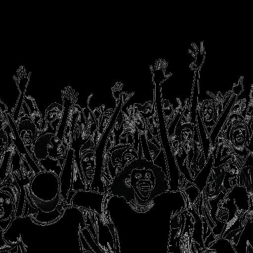 Strichzeichnung von ApoRed, umgeben von einer Menschenmenge, wobei die eine Hälfte jubelt und die andere Hälfte buht.