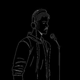Strichzeichnung von ApoRed, der in einem Tonstudio steht, mit Kopfhörern und einem Mikrofon vor sich.