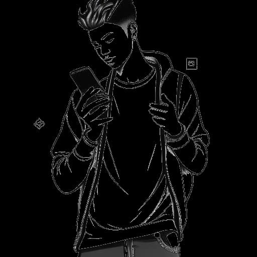 Strichzeichnung eines Mannes, der ApoRed repräsentiert, Ausstrahlung ausstrahlt, während er lässige Straßenkleidung trägt. Selbstbewusst hält er ein Smartphone, umgeben von YouTube-Abspielknöpfen und Musiknoten, alles auf einem weißen Hintergrund.