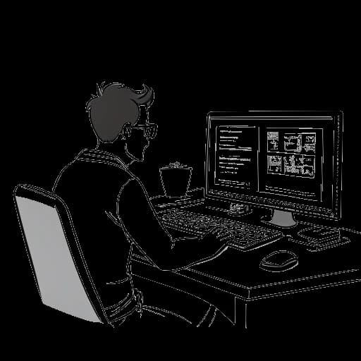 Strichzeichnung eines Mannes, der ApoRed darstellt, bearbeitet ein Video mit Clickbait-Text auf dem Bildschirm.