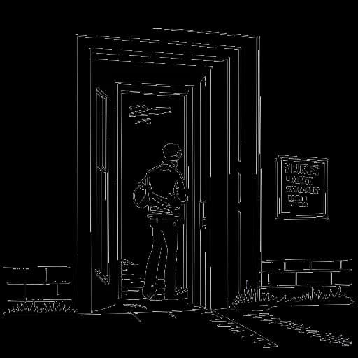 Strichzeichnung eines Mannes, der ApoRed darstellt, schleicht sich in ein Gebäude mit einem 'Betreten verboten'-Schild und Handschellen in der Nähe.