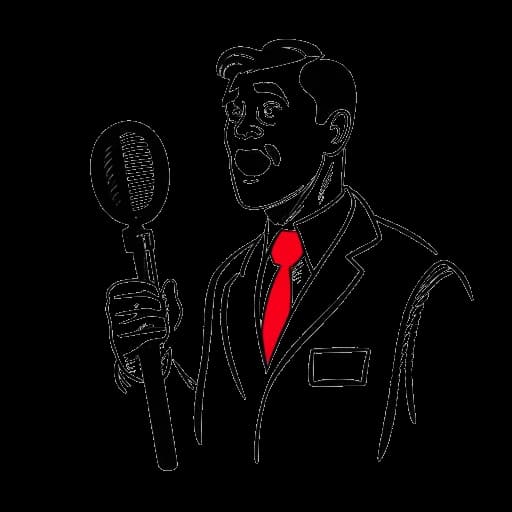 Strichzeichnung eines Mannes, der ApoRed darstellt, hält ein Mikrofon mit einem roten 'X' und dem Text 'unbeliebtester' in der Nähe.