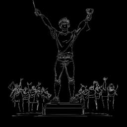 Een illustratie van een man die Tyler1 vertegenwoordigt, zegevierend op een podium staat, een trofee vasthoudt, te midden van een juichende menigte, wat zijn succes en erkenning in de esports-industrie symboliseert.