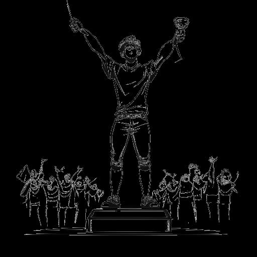 Een illustratie van een man die Tyler1 vertegenwoordigt, zegevierend op een podium staat, een trofee vasthoudt, te midden van een juichende menigte, wat zijn succes en erkenning in de esports-industrie symboliseert.