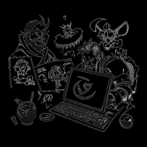 Dibujo en arte lineal de un hombre que representa a Tyler Steinkamp jugando LoL, en la pantalla hay 5 iconos de campeones de LoL, en un fondo blanco