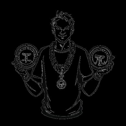 Dibujo en arte lineal de un hombre que representa a Tyler Steinkamp sosteniendo 5 medallas, cada medalla tiene el logo de Riot Games, en un fondo blanco