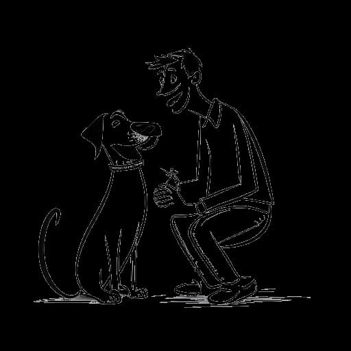 Dibujo en arte lineal de un hombre que representa a Tyler Steinkamp jugando LoL, a su lado hay un perro, en un fondo blanco