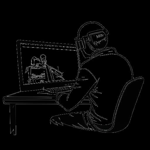 Dibujo en arte lineal de un hombre que representa a Tyler Steinkamp transmitiendo en una computadora, en la pantalla está el logo de PlayerUnknown's Battlegrounds, en un fondo blanco