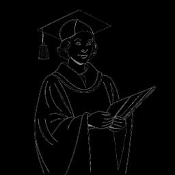 Strichzeichnung einer Frau, die CatyCake repräsentiert, in akademischer Kleidung mit einem Diplom, das ihre akademischen Leistungen darstellt.