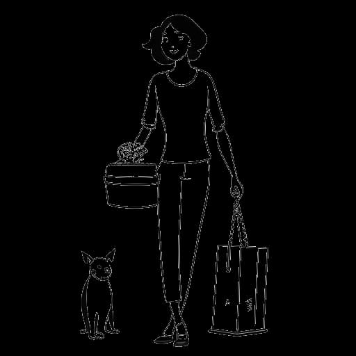 Strichzeichnung einer Frau, die CatyCake repräsentiert, mit ihrem Hund, der einen Koffer und einen Teller mit veganem Essen hält und ihr Leben abseits der Kamera darstellt.