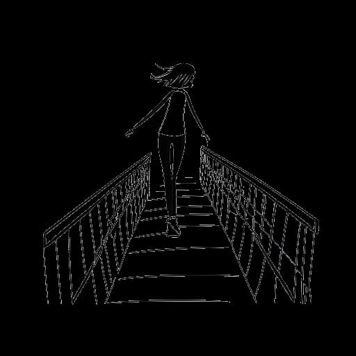 Strichzeichnung einer Frau, die CatyCake repräsentiert, wie sie eine schwankende Brücke überquert, was das Überwinden persönlicher Hürden symbolisiert.