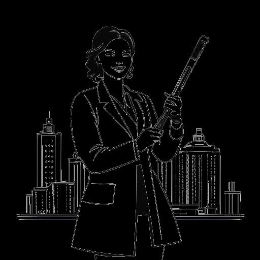 Die Strichzeichnung einer Frau, die CatyCake in einem Laborkittel ähnelt und einen Zahnbohrer und ein Smartphone in der Hand hält, steht für ihre Doppelkarriere. Der Hintergrund aus Geschäftsgebäuden und einer Universität fängt ihre Einkommensquellen ein, alles auf einer weißen Leinwand.