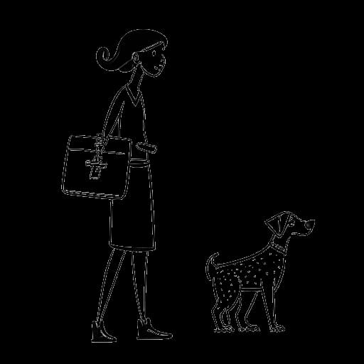 Strichzeichnung einer Frau, die CatyCake repräsentiert, mit einer Gedankenblase, die einen Hund und einen Koffer zeigt, vor einem weißen Hintergrund