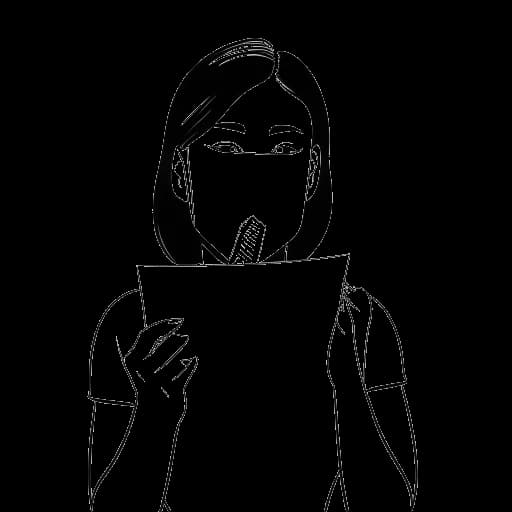 Strichzeichnung einer Frau, die CatyCake repräsentiert, hält einen OP-Mundschutz und eine Reihe von Ablehnungsschreiben, alles vor einem weißen Hintergrund