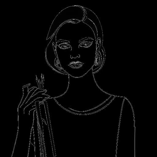 Strichzeichnung einer Frau, die CatyCake repräsentiert, hält Make-up-Pinsel und eine Handtasche, alles vor einem weißen Hintergrund