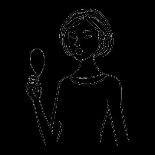 Strichzeichnung einer Frau, die CatyCake repräsentiert, hält eine Kommentarblase mit Gabel und Messer, alles vor einem weißen Hintergrund