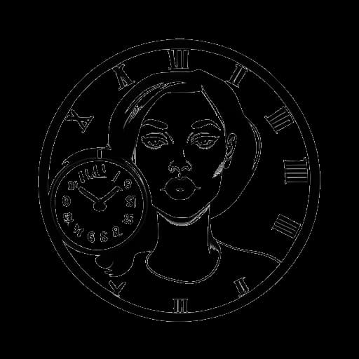 Strichzeichnung einer Frau, die CatyCake repräsentiert, hält eine Uhr mit dem Wort 'jetzt', alles vor einem weißen Hintergrund