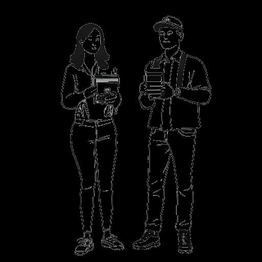 Strichzeichnung einer Frau, die CatyCake repräsentiert, und eines Mannes, der Videokameras hält, alles vor einem weißen Hintergrund