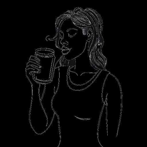 Strichzeichnung einer Frau, die CatyCake repräsentiert, hält eine Hantel und einen Smoothie, alles vor einem weißen Hintergrund