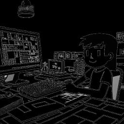 Um desenho de uma linha de F1NN5TER, representando seu sucesso inicial no Minecraft, jogando o jogo em um computador com uma expressão alegre, cercado por um fundo temático do Minecraft.