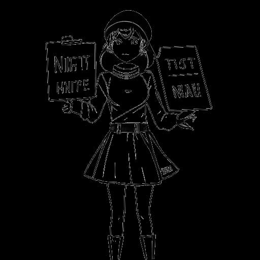 Line art drawing of a person, representing F1NN5TER's character Rose, holding a sign with the word 'NFT' written on it, surrounded by cosplay outfits