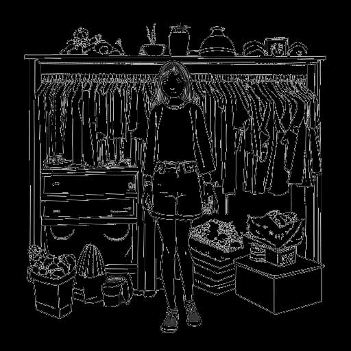 Line art drawing of a person, representing F1NN5TER's character Rose, standing in a room full of outfits and accessories