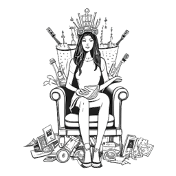 Line art drawing of a woman, representing Marie Temara, seated on a throne of digital devices, symbolizing her successful online empire with money symbols indicating financial achievements.