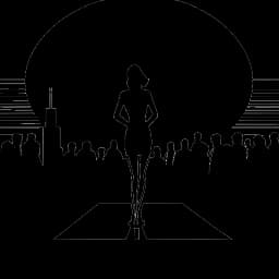 Line art drawing of a woman, representing Marie Temara, standing under a stage spotlight with an audience in silhouette and the Miami skyline in the background, representing her standout presence.