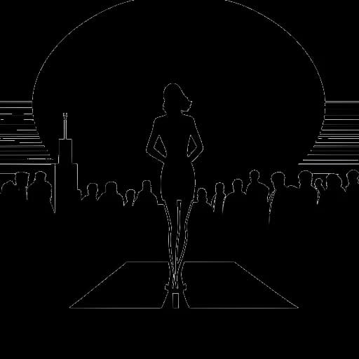 Line art drawing of a woman, representing Marie Temara, standing under a stage spotlight with an audience in silhouette and the Miami skyline in the background, representing her standout presence.