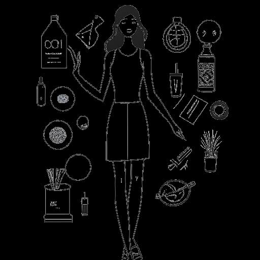 Disegno in bianco e nero di una donna alta che rappresenta Marie Temara, in piedi con sicurezza. Icône di social media, un pallone da basket e vari prodotti di moda e bellezza fluttuano intorno a lei, illustrando le sue diverse fonti di reddito.