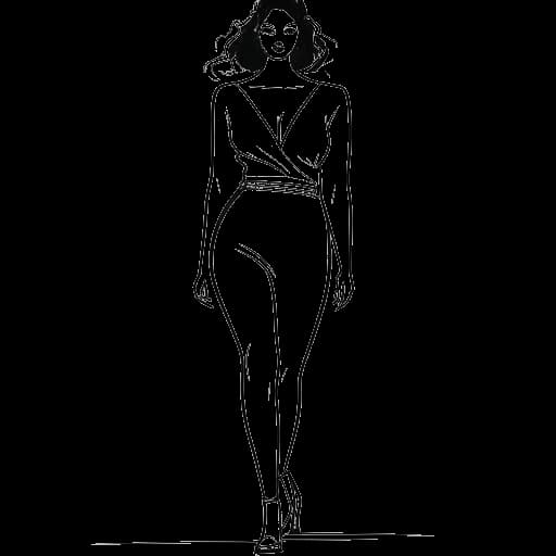 Disegno in bianco e nero di una donna alta, che rappresenta Marie Temara, che modeling sicuramente su una passerella, simboleggiando il suo sostegno per la positività del corpo, su sfondo bianco.