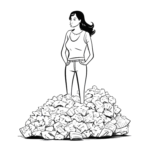 Line art drawing of a tall woman representing Marie Temara, stationed beside a sizeable collection of money bags, alluding to her influential OnlyFans earnings against a white backdrop.
