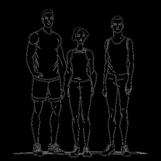 Illustrazione in bianco e nero di una donna alta, che rappresenta Marie Temara, fiancheggiata da due uomini più alti con abbigliamento sportivo, a indicare una famiglia di atleti professionisti, su sfondo bianco.