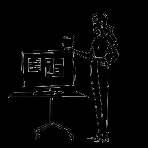 Disegno in bianco e nero di una donna alta, che rappresenta Marie Temara, davanti a uno schermo del computer circondata da icone dei social media, a indicare la sua rilevante presenza su YouTube, su sfondo bianco.