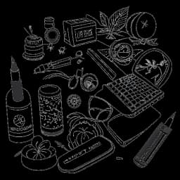 Disegno a linee di vari oggetti, tra cui libri, un microfono, gioielli e trucco, simboleggia le diverse iniziative imprenditoriali di Bella Thorne.