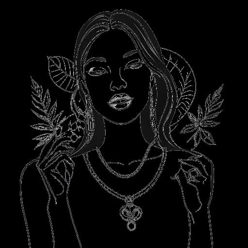 Dessin en ligne d'une jeune femme tenant du maquillage, des bijoux et une feuille de cannabis représentant les entreprises de Bella Thorne